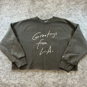 Frame Denim Thick Cotton Cropped Black Crewneck Sweatshirt Greetings from LA